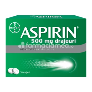 Aspirin 500 mg, contine acid acetilsalicilic, cu efect analgezic si antipiretic, indicat in reducerea durerii si scaderea febrei, de la 16 ani, 20 de drajeuri, Bayer
