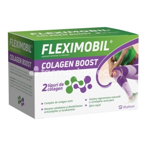 Fleximobil Colagen Boost,contine colagen, extract de gheara diavolului si vitamina C, recomandat pentru articulatii, sustine regenerarea cartilajelor articulare, mentine sanatatea si flexibilitatea articulatiilor si a tendoanelor, 30 plicuri, Fiterma