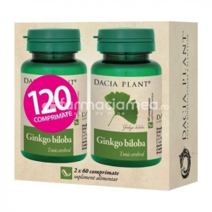 Ginkgo Biloba Pachet, creste capacitatea de concentrare si memorare, reduce oboseala psihica, 60 comprimate + 60 comprimate, Dacia Plant