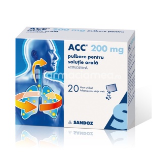 ACC 200 mg/plic pulbere pentru solutie orala, contine acetilcisteina, indicat in tuse productiva, de la 2 ani, 20 plicuri, Sandoz
