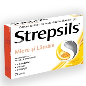 Strepsils miere si lamaie, contine amilmetacrezol si alcool 2,4 diclorobenzilic, cu efect antibacterian, antifungic si antiviral, indicat in durerea in gat si infectii oro faringiene, laringita, amigdalita, de la 6 ani, 24 de pastile, Reckitt