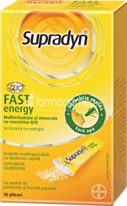 Supradyn Fast Energy cu Coenzima Q10, inlatura starea de oboseala, sprijina imunitatea, creste energia, 10 plicuri granule orodispersabile, Bayer