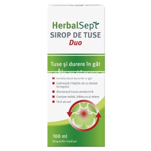 Herbalsept Duo sirop, contine extract de nalba, extract de hibiscus si miere, recomandat in tratamentul tusei pline, amelioreaza durerile si iritatiile din gat, atenueaza tusea productiva, de la 2 ani, 100ml, Zdrovit