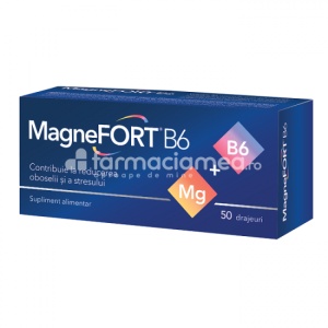 Magnefort B6, contine magneziu si vitamina B6, recomandat in perioadele de oboseala si stres, ofera un plus de energie in momentele solicitante, contribuie la reducerea oboselii si extenuarii, mentine sanatatea psihica, sprijina sanatatea inimii, 50