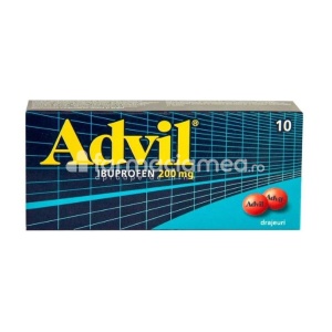 Advil 200mg, contine ibuprofen, cu efect antiinflamator, analgezic si antipiretic, calmeaza durerea, reduce inflamatia si febra, 10 drajeuri, GSK