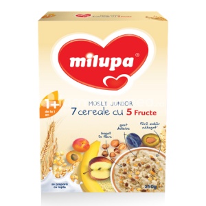 Cereale Musli Junior 7 cereale cu 5 fructe, de la 12 luni, 250 g, Milupa
