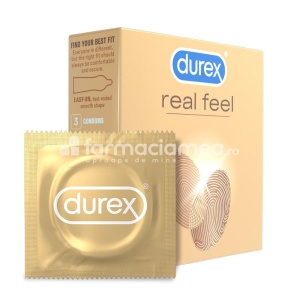 DUREX prezervativ Real feel, fabricate din material special, poliizopren, care pot asigura un confort sporit la purtare si nu prezinta probleme pentru persoanele sensibile la latex, 3buc, Reckitt