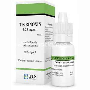 Rinoxin 0,25mg/ml picaturi nazale solutie, contine clorhidrat de oximetazolina, indicat pentru decongestionarea nasului, copii peste 7 ani, 10ml, Tis Farmaceutic