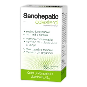 Sanohepatic Colesterol, colina, vitamina B12, vitamina B6, mentine concentratiile colesterolului in limite normale, sustine buna functionare a ficatului, efect detoxifiant, 56 comprimate filmate, Zdrovit