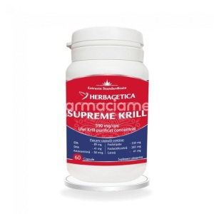 Supreme Krill Omega 3 Forte, scade nivelul colesterolului, mentine sanatatea inimii, protejeaza ficatul, 60 capsule, Herbagetica