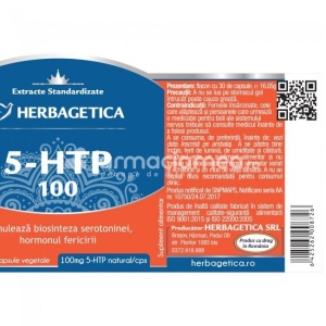 5-HTP 100, recomandat in starile de stres si de depresie, induce starea de calm, creste nivelul serotoninei, imbunatateste calitatea somnului, 30 capsule, Herbagetica