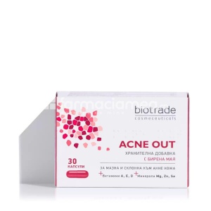 Acne out pentru ten predispus la acnee, stimuleaza refacerea pielii, mentine pielea curata si luminoasa, sustine sistemul imunitar, 30capsule, Biotrade