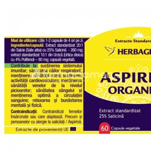 Aspirina Organica sustine sanatatea inimii, reduce febra si durerea, 60 de capsule, Herbagetica - Img 2