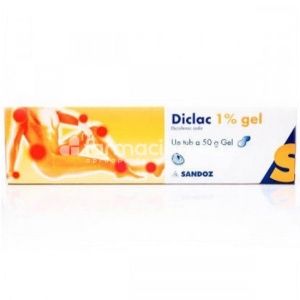 Diclac 10 mg/g, contine diclofenac, cu efect antiinflamator, indicat in tratamentul simptomatic al durerii, de la 14 ani, tub 50 g, Sandoz