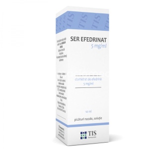 Ser efedrinat 5 mg/ml picaturi nazale, solutie, contine clorhidrat de efedrina, indicat pentru decongestionarea nasului, copii peste 12 ani, 10ml, Tis Farmaceutic