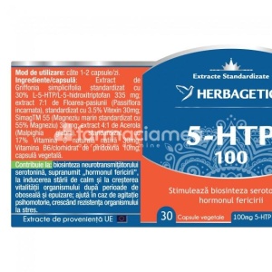 5-HTP 100, recomandat in starile de stres si de depresie, induce starea de calm, creste nivelul serotoninei, imbunatateste calitatea somnului, 30 capsule, Herbagetica - Img 2