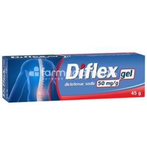 Diflex 5% gel, contine diclofenac, cu efect antiinflamator, indicat in tratamentul simptomatic al durerii, de la 14 ani, tub 45 g, Fiterman Pharma