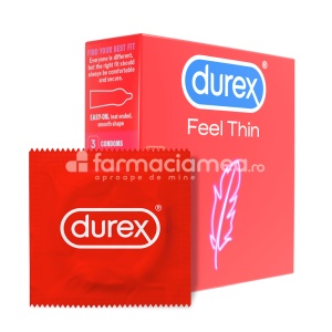 DUREX prezervativ Feel Thin, prezervative subtiri pentru senzatii cat mai intense si sensibilitate crescuta in timpul actului sexual, 3buc, Reckitt