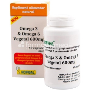 Omega 3 & Omega 6 vegetal 600mg, sustine imunitatea, normalizeaza tensiunea arteriala, combate efectele negative ale stresului, 60 capsule, Hofigal