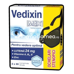 Vedixin Max, luteina, zinc, vitamina A si vitamina B2, contribuie la mentinerea normala a vederii, 30 cpr, 2 cutii + Ochelari stenopici cadou, Zdrovit