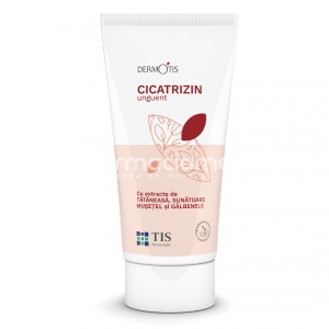 Cicatrizin unguent DermoTis, contine extracte naturale de tataneasa, sunatoare, musetel si galbenele, favorizeaza refacerea tesuturilor lezate in rani, arsuri, degeraturi, 50ml, Tis Farmaceutic