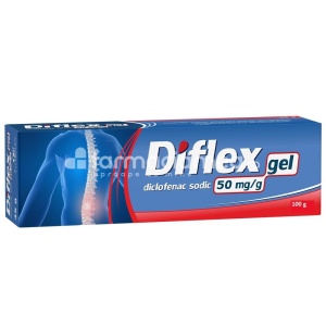 Diflex 5% gel, contine diclofenac, cu efect antiinflamator, indicat in tratamentul simptomatic al durerii, de la 14 ani, tub 100 g, Fiterman Pharma