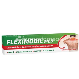 Fleximobil MED gel, contine arnica, gheara diavolului, camfor si ulei de menta, recomandat in durerile musculare si articulare asociate afectiunilor reumatice sau traumatismelor, efect antiinflamator, amelioreaza durerea, 100 g, Fiterman Pharma