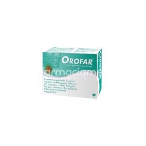 Orofar, contine clorura de benzoxoniu si clorhidrat de lidocaina, cu efect analgezic si dezinfectant local, indicat in dureri de gat, infectii ale gatului, stomatite, afte, gingii inflamate, adjuvant in tratamentul amigdalitelor, de la 12 ani, 24 com