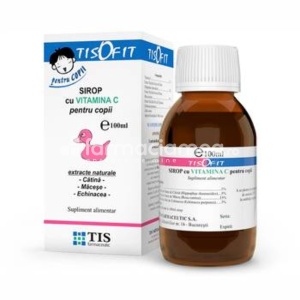 Sirop cu vitamina C pentru copii Tisofit, formula care se bazeaza pe o asociere de vitamina C si extracte naturale din macese, catina, echinacea, care sustin imunitatea organismului, 100ml, Tis Farmaceutic