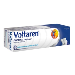 Voltaren Forte 23,2 mg/g, contine diclofenac, cu efect antiinflamator, indicat in luxatii, entorse, contuze, tendinite, bursite, dureri reumatismale si dureri articulare, de la 14 ani, tub 150 g, Gsk