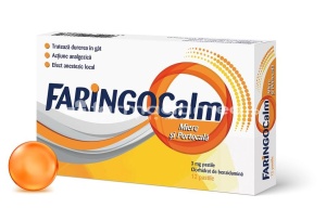 Faringocalm miere si portocala, contine benzidamina, cu efect analgezic, anestezic si emolient local, indicat in durere in gat, de la 6 ani, 12 pastile de supt, Terapia