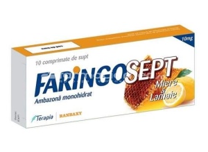 Faringosept miere si lamaie, contine ambazona, cu efect analgezic, anestezic si emolient local, indicat in durere in gat, de la 14 ani, 10 pastile de supt, Terapia