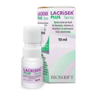 Lacrisek plus spray, contine vitamina A, vitamina E si lipozomi, recomandat in tratarea sindromului de ochi uscati, calmeaza senzatia de arsura si prurit ocular, 10ml, Biosooft