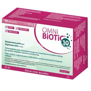 Omni Biotic 10, probiotic, sustine sanatatea florei intestinale, reechilibreaza flora intestinala in urma administrarii de antibiotice, cutie cu 10 plicuri, Institut AllergoSan