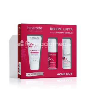 Pachet Acne Out Gel de curatare, 50 ml + Lotiune activa, 20 ml + Crema hidratanta, 20 ml, Biotrade