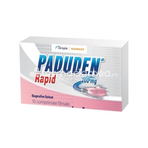 Paduden Rapid 200mg, contine ibuprofen, cu efect analgezic, antiinflamator si antipiretic, indicat in tratamentul migrenei, durerilor de cap, dureri de spate, nevralgii, durerilor menstruale, dureri reumatice, dureri musculare, febra, raceala si grip