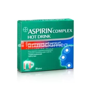 Aspirin Complex HotDrink 500mg/30 suspensie, contine acid acetilsalicilic si clorhidrat de pseudoefedrina, cu efect analgezic, antiinflamator si antipiretic, indicat in raceala si gripa, rinosinuzita, de la 16 ani, 10 plicuri, Bayer