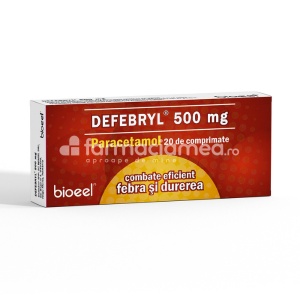 Defebryl 500 mg, contine paracetamol, cu efect analgezic si antipiretic, indicat in ameliorarea durerii si febrei, de la 12 ani, 20 de comprimate, Bioeel