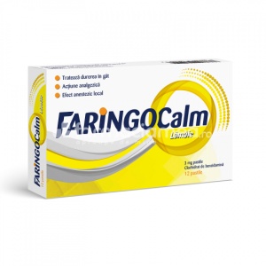Faringocalm lamaie, contine benzidamina, cu efect analgezic si anestezic local, indicat in durere in gat, de la 6 ani, 12 pastile de supt, Terapia