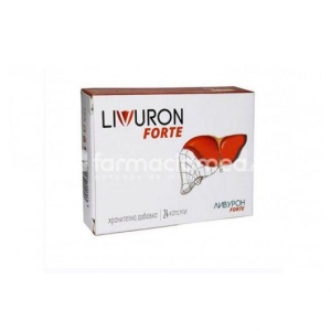 Livuron Forte, contine uridina monofosfat, colina, vitamina E, vitamina B12, acid folic si silimarina, recomandat pentru mentinerea sanatatii ficatului, reduce acumularea de grasimi, rol antioxidant, antiinflamator si regenerator, 24 de capsule, Farm