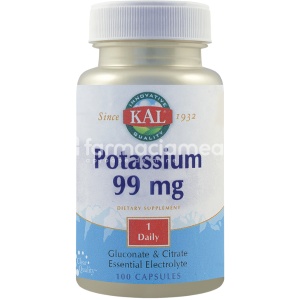 Potassium 99mg, mentine tensiunea arteriala normala si sustine echilibrul electrolitic, 100 capsule, Secom