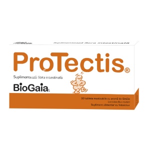 Protectis cu aroma de lamaie, probiotic, contribuie la refacerea si mentinerea echilibrului florei intestinale, de la 3 ani, 10 tablete masticabile, BioGaia