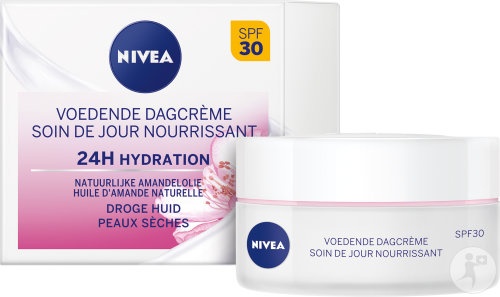 Nivea Cremă De Zi Hrănitoare 24h Hidratare SPF30 Cu Ulei De Migdale Naturale Piele Uscată 50ml - Img 1