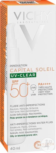Vichy Capital Soleil UV‑Clear Fluid Anti‑Imperfecțiuni SPF50+ Flacon Cu Pompiță 40ml - Img 1