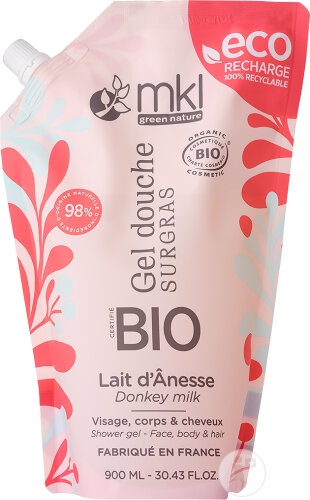 MKL Green Nature Gel De Duș Ultra Hridatant Bio Cu Lapte De Măgăriță Pentru Față/Corp/Păr Eco Rezervă 900ml - Img 1