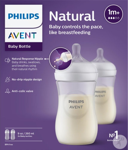Philips Avent Natural Response Biberon 260ml +1 Lună Debit 3 2 Bucăți (SCY903/02) - Img 1