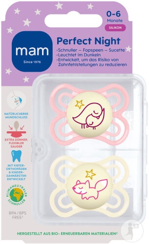 Mam Perfect Night Suzetă Silicon Bebeluși 0‑6 Luni Roz 2 Bucăți - Img 1