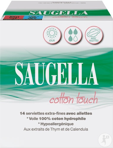 Saugella Cotton Touch Absorbante Extra-Subțiri Cu Aripioare Pentru Zi 14 Bucăți - Img 1