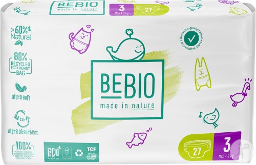Bebio Scutece Ecologice Toleranță Ridicată T3 Midi 4-9kg 27 Bucăți - Img 1