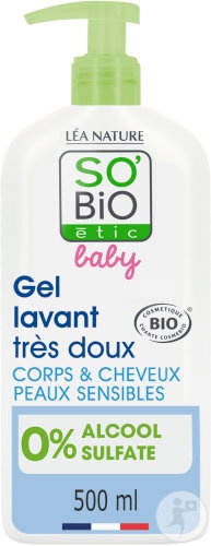 So'Bio Étic Baby Gel De Curățare Foarte Delicat Aloe Vera &amp; Mușețel Corp/Păr Piele Sensibilă Bio 500ml - Img 1